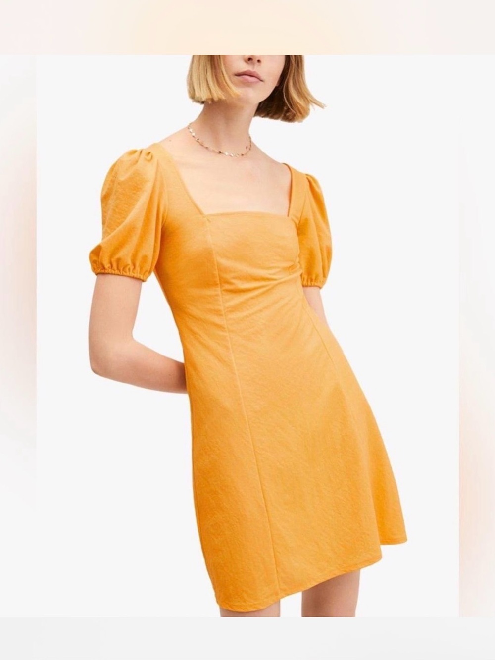 Mango Square Neck Puff Sleeve Mini Dress - Orange
